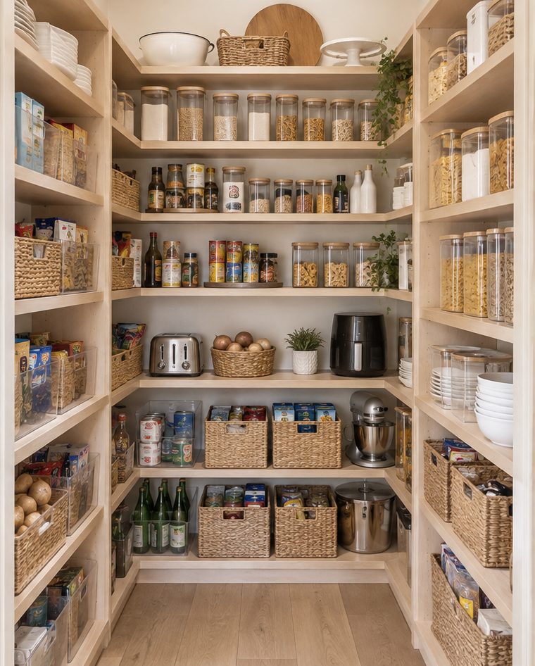 The same pantry after a Pure Nest organization reset with labeled jars and baskets